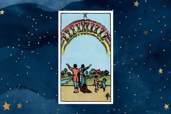 10 pucharów tarot: rodzina świętuje pod tęczowym łukiem pełnym pucharów, symbolizując spełnienie i szczęście.