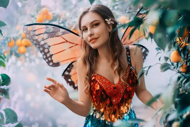 Ragazza con ali da farfalla e abito scintillante, un'idea per vestiti carnevale donna fai da te.