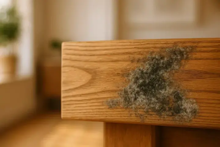 Moisissure sur un meuble en bois. Apprenez à fabriquer un fongicide naturel pour bois afin de protéger vos meubles.