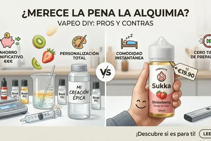Comparativa de vaper DIY vs. listo para usar. El DIY ofrece ahorro y personalización, mientras que el listo es cómodo y rápido. Botella de líquido vaper 100ml.