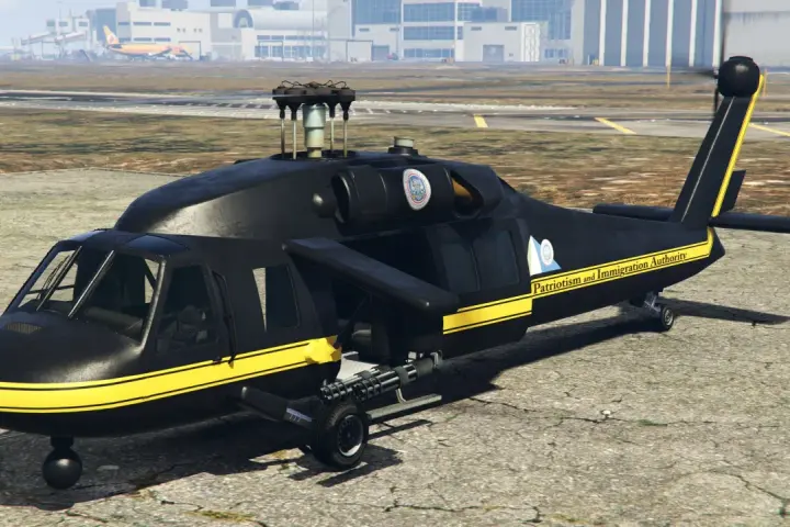 Czarny helikopter z żółtymi pasami i napisem "Patriotism and Immigration Authority". Idealny do misji w GTA San Andreas, jeśli znasz kod na helikopter.