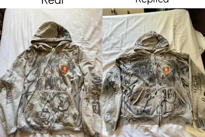 Dwie szare bluzy z kapturem, jedna oryginalna, druga podróbka. Obie z nadrukiem graffiti i herbem. Koszulka Balenciaga męska w wersji oryginalnej i replice.