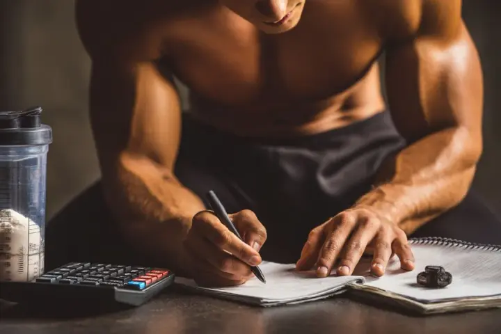 Un athlète calcule combien de protéine par jour il doit consommer, avec un shaker de poudre, une calculatrice et un carnet.
