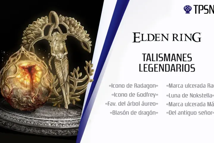 Elden Ring: talismanes legendarios. Un orbe brillante y una figura dorada, rodeados de nombres como "Icono de Radagon" y "Luna de Nokstella".