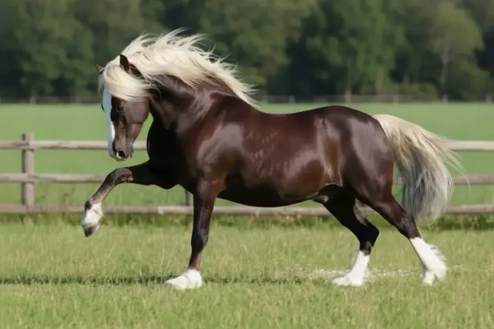 Un magnifique welsh cob cheval, robe sombre, crinière et queue blondes, en mouvement dans un pré verdoyant.