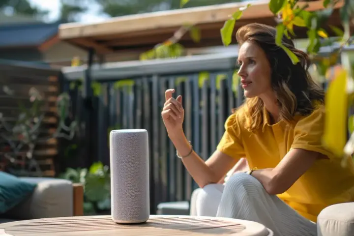 Frau spricht mit einem Smart Speaker im Garten. Sie verbindet ihr Gerät und genießt die Musik.