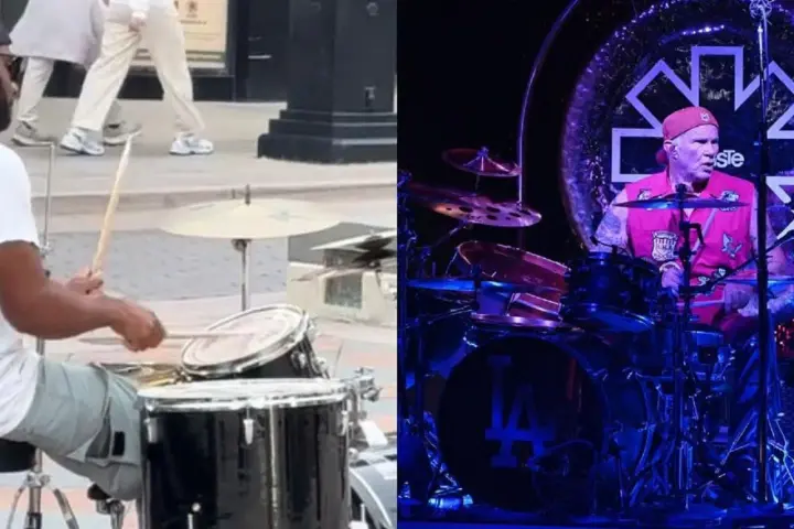 Perkusista Red Hot Chili Peppers na scenie i uliczny muzyk grający na bębnach.