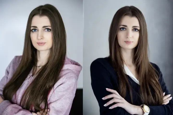 Dwie wersje portretu kobiety, idealne jako zdjęcie do CV telefonem. Wersja casual w bluzie i wersja formalna w marynarce.