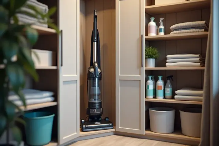 Un aspirateur trône dans un coin de ce rangement balai fait maison, à côté de produits ménagers et de serviettes pliées.