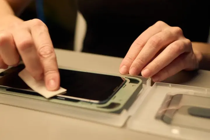 Delikatne czyszczenie ekranu telefonu przed nałożeniem szybki ochronnej. Instrukcja jak założyć szybkę na telefon krok po kroku.
