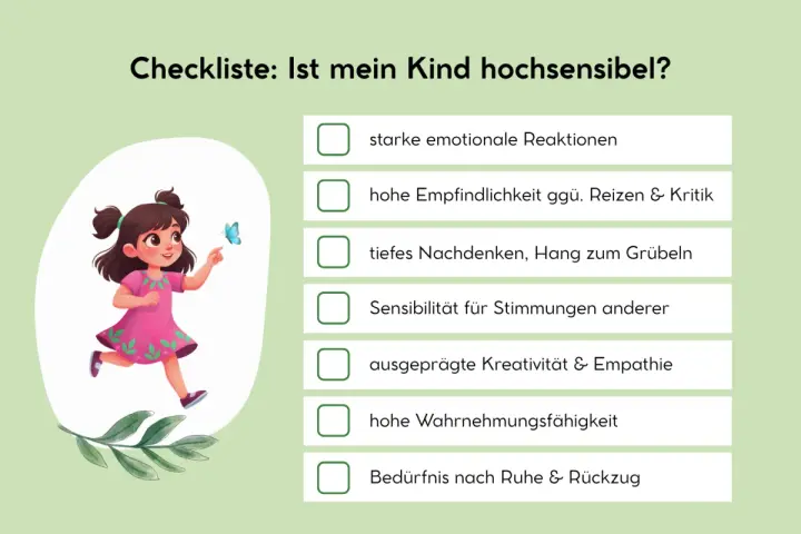 Ein Mädchen mit Schmetterling, umgeben von einer Checkliste für reizoffene Kinder. Merkmale wie starke Reaktionen und hohe Empfindlichkeit werden aufgeführt.