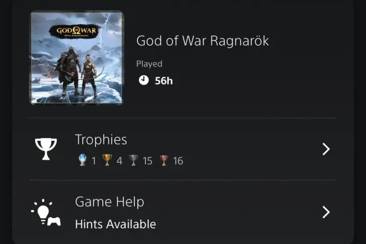 Kratos y Atreus en God of War Ragnarök. 56 horas jugadas y 1 trofeo platino. ¡Una aventura épica!