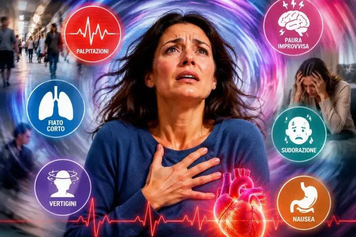 Donna in preda al panico, con sintomi come palpitazioni, fiato corto, vertigini, sudorazione, nausea e paura improvvisa. Si può morire per un attacco di panico.