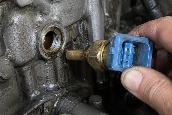 Błąd czujnik temperatury płynu chłodzącego. Mechanik wymienia uszkodzony czujnik w silniku.