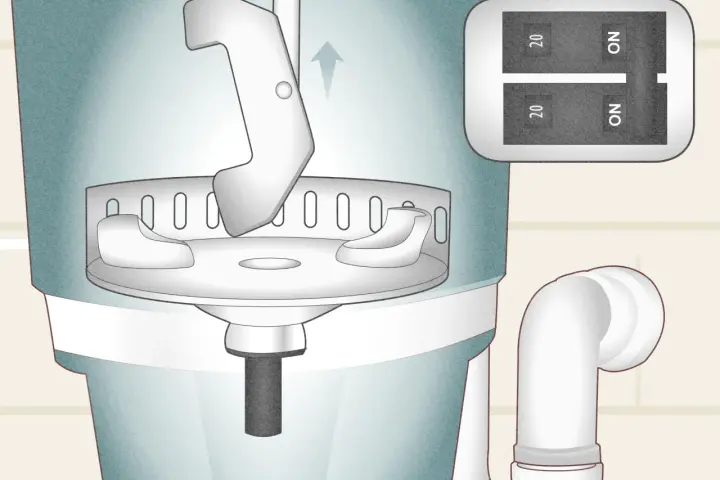 Illustration showing a tool being inserted into a garbage disposal to help unclog it. A switch with "ON" is visible.