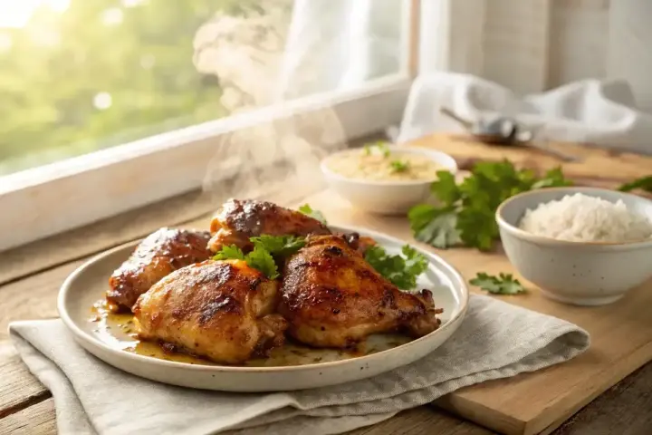 Assiette de haut de cuisse de poulet rôtis, fumants et dorés, accompagnés de riz et d'une sauce.
