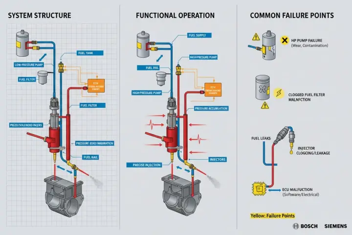 Diagramm erklärt das Common Rail System, seine Funktion und häufige Fehlerquellen wie Pumpenversagen oder verstopfte Filter.