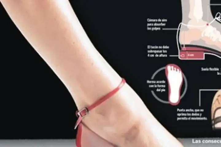 Pie egipcio mujer con sandalia roja. Ilustración de zapato con detalles sobre amortiguación y forma.