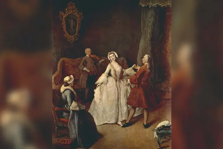 Una escena de la historia de la danza: un hombre toca el violín mientras una pareja baila y otra mujer observa.