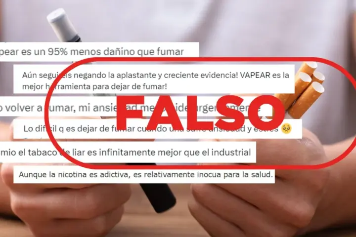 Manos sostienen un vaper y cigarrillos, rodeados por un círculo rojo con la palabra "FALSO". Mensajes sobre vapear y fumar se superponen.