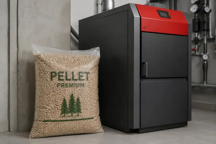 Nowoczesny piec na pellet premium obok worka z paliwem. Idealny do ogrzewania domu przez cały rok.