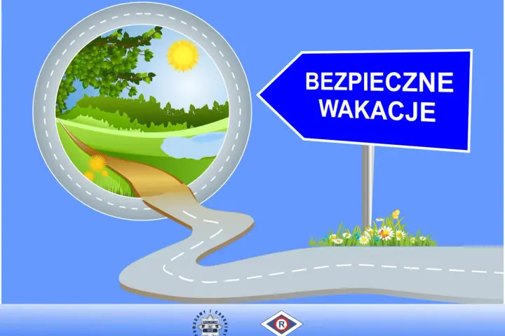 Droga prowadząca do zielonego krajobrazu pod znakiem "Bezpieczne wakacje".