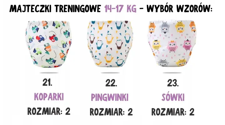 Trzy wzory majtek treningowych dla dziewczynki: koparki, pingwinki i sówki. Rozmiar 2, na wagę 14-17 kg.
