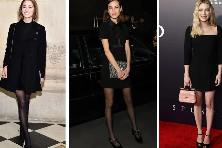 Tres mujeres lucen elegantes vestidos negros. Ideas para como adornar un vestido negro liso: bolsos chic, medias y tacones.