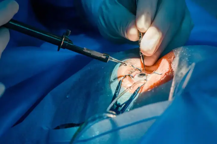 Dettaglio di un intervento glaucoma con tubicino, mani guantate usano strumenti chirurgici sull'occhio.