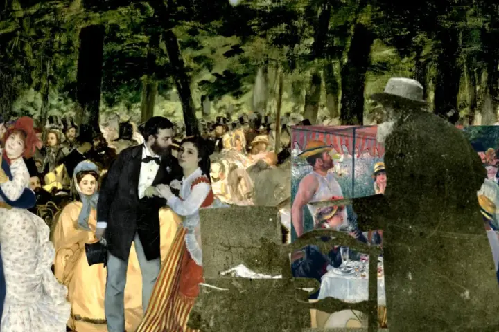 Collage d'œuvres impressionnistes, dont une scène de danse et des convives, évoquant une analyse du Bal du Moulin de la Galette.