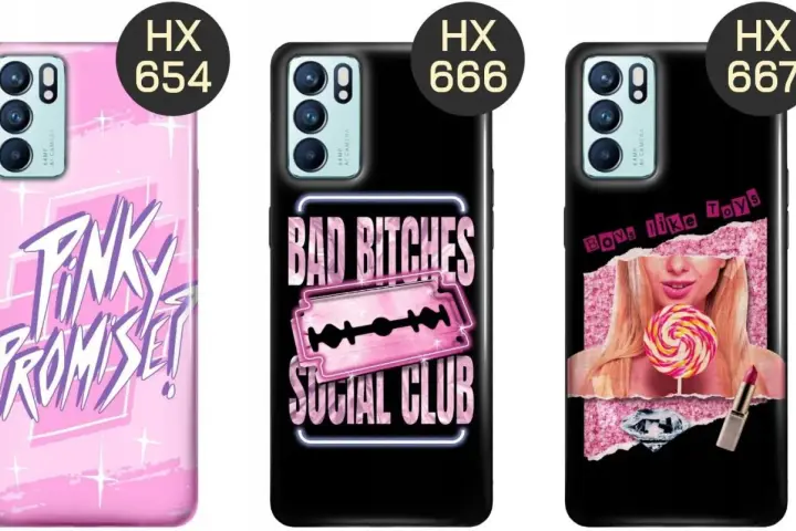 Trzy etui na telefon Oppo Reno 6 5G z różnymi wzorami: różowe z napisem "Pink Promise", czarne z napisem "Bad Bitches Social Club" i czarne z wizerunkiem dziewczyny i napisem "Boys like Toys".