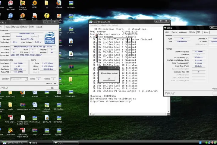 Super Pi test zakończony, CPU-Z pokazuje szczegóły procesora Intel Pentium E2140.
