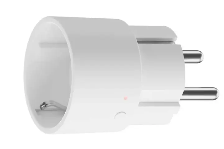 Vit smart kontakt för att styra eluttag med mobilen. En liten röd lampa indikerar status.