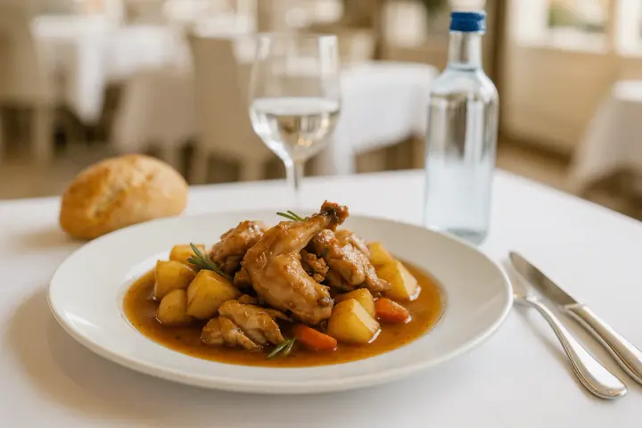Conejo guisado con patatas y zanahorias en un plato blanco, acompañado de pan y agua.
