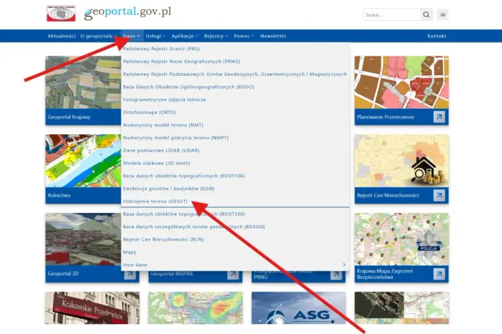 Wybierz "Uzbrojenie terenu (GESUT)" na geoportal.gov.pl, aby uzyskać dostęp do danych o infrastrukturze technicznej.