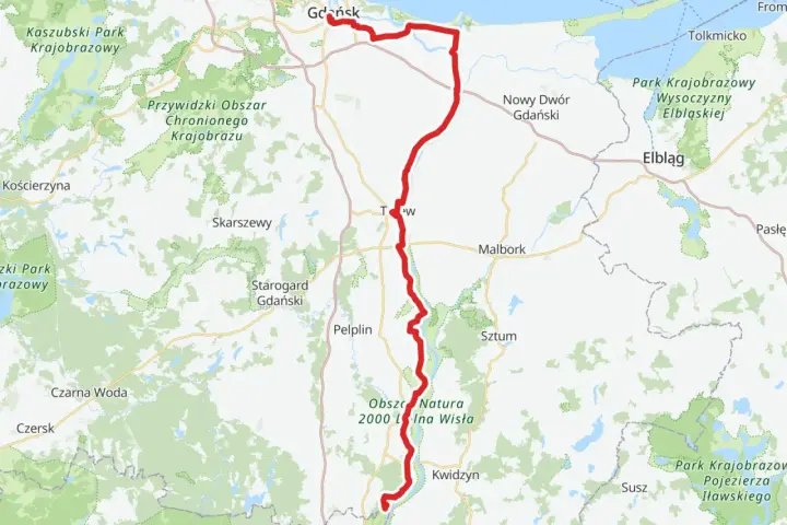 Mapa pokazuje przebieg wiślanej trasy rowerowej od Gdańska na północy, przez Malbork, aż po okolice Kwidzyna na południu.