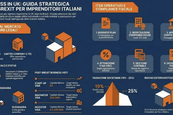 Guida strategica per imprenditori italiani che vogliono lavorare in Inghilterra post-Brexit. Include visti, strutture legali, fiscalità e compliance.