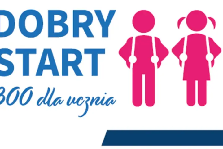 Dobry Start: 300+ dla ucznia. Dwoje dzieci w różowych strojach symbolizuje wsparcie dla każdego dziecka.