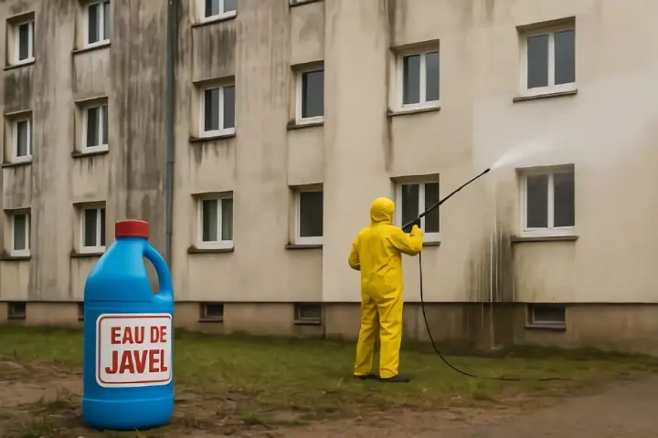 Person en tenue jaune effectuant un nettoyage facade eau de javel sur un mur sale. Une grande bouteille d'eau de javel est posée au sol.