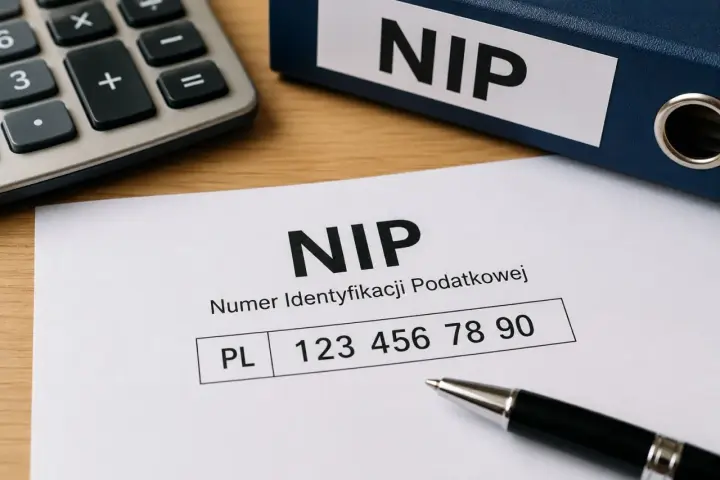 Numer identyfikacji podatkowej, czyli NIP, to ważny dokument. Na zdjęciu widać formularz z numerem NIP, kalkulator i segregator z napisem NIP.