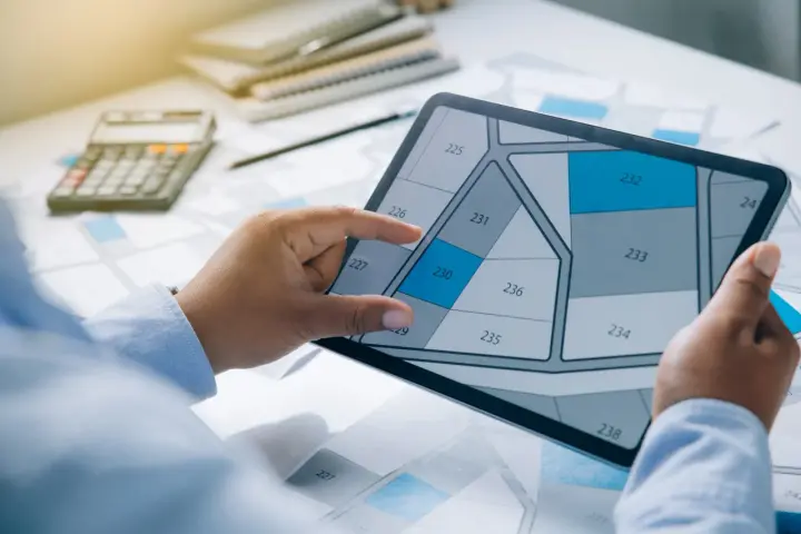 Main tenant examine un plan sur tablette, calculatrice et documents à proximité. Un contrat CEE avis est en cours de validation.