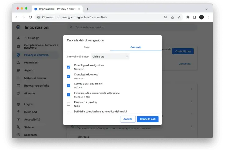 Impostazioni Chrome per eliminare file inutili dal PC: cronologia, cache e cookie.