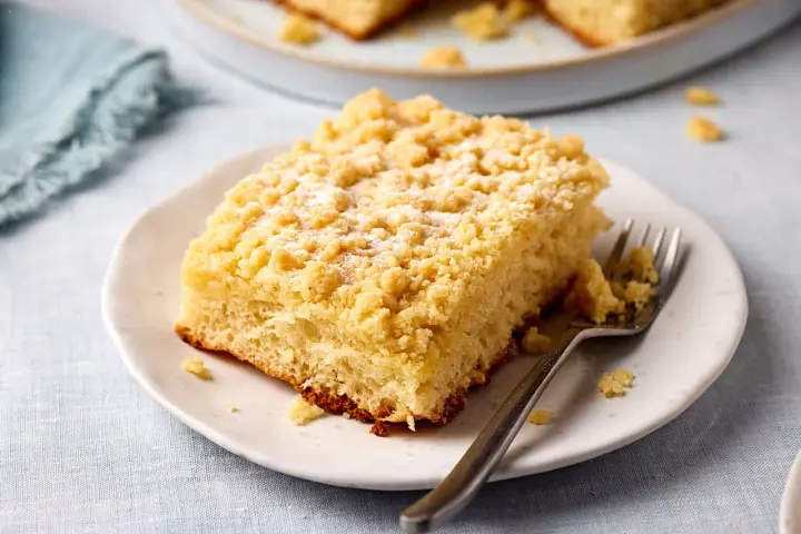 Ein Stück saftiger Streuselkuchen vom Blech, bestäubt mit Puderzucker, liegt auf einem Teller. Eine Gabel wartet darauf.