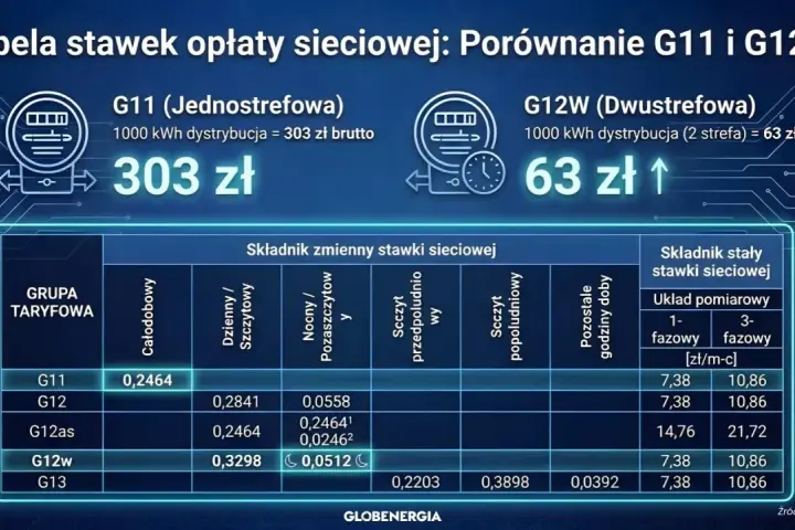 Porównanie taryfy urzędowej za prąd G11 (303 zł) i G12w (63 zł). Tabela pokazuje stawki zmienne i stałe dla różnych grup taryfowych.