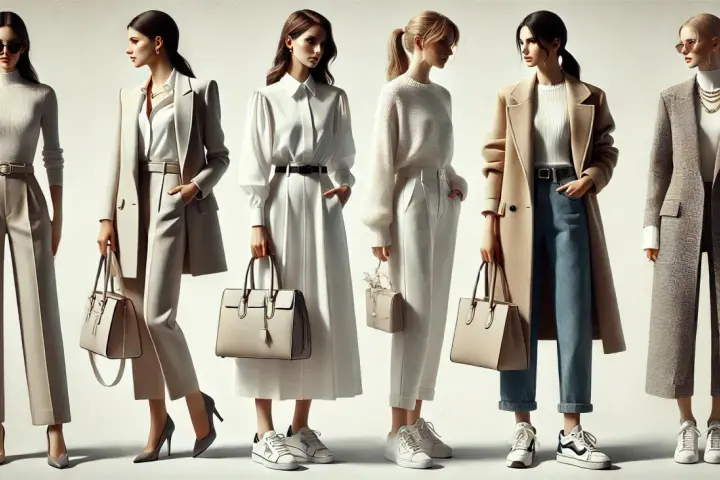 Sześć kobiet prezentuje stylizacje smart casual: eleganckie spodnie, płaszcze i sukienki w stonowanych kolorach.
