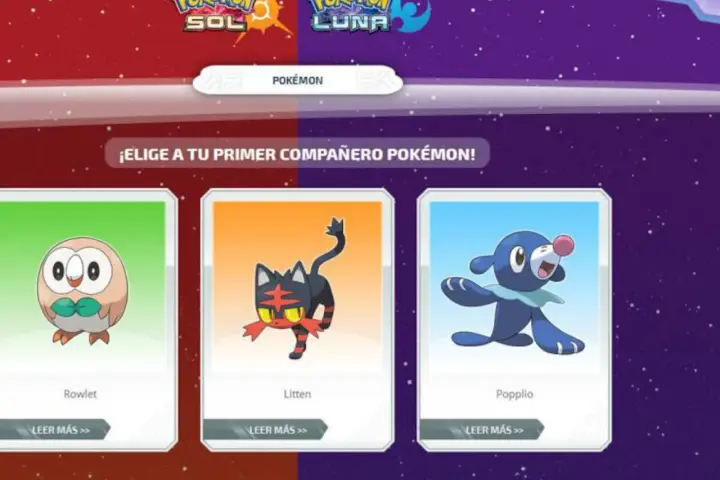 Elige a tu compañero Pokémon inicial: Rowlet, Litten o Popplio, en Pokémon Sol y Luna.