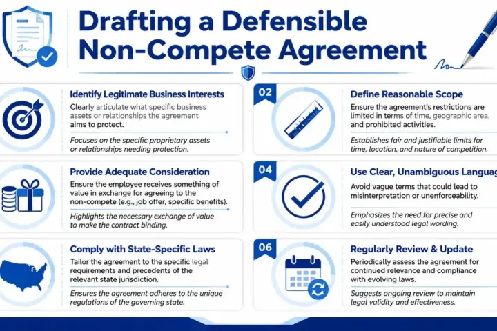 Infographic on drafting a defensible non-compete agreement, detailing 6 key steps: identify interests, define scope, provide consideration, use clear language, comply with laws, and review/update.