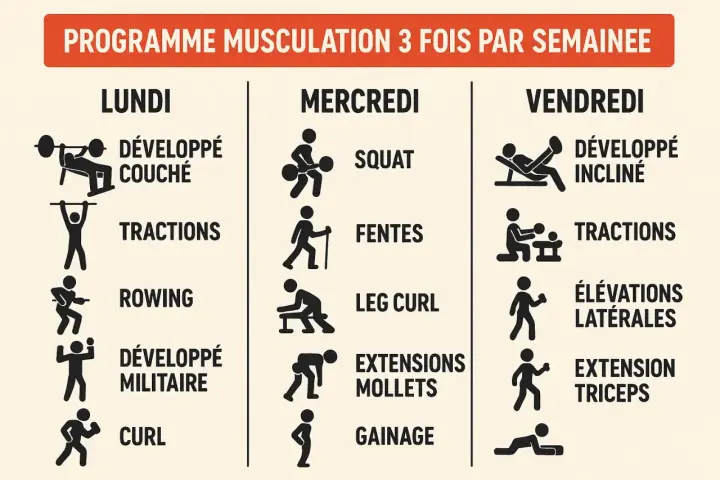 Programme de renforcement musculaire : combien de fois par semaine ? Lundi, mercredi, vendredi : développé couché, tractions, rowing, squat, fentes, leg curl, développé incliné, élévations latérales, extension triceps.