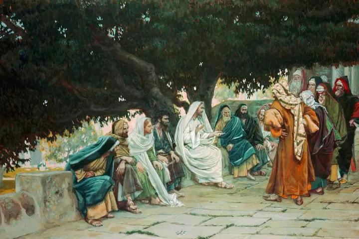 Jesus debates with the Sadducees in the Bible, who questioned his teachings under a large tree.