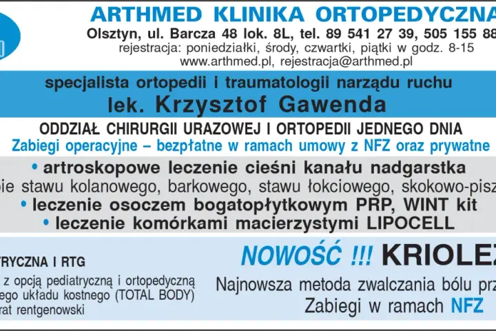 Logo ARTHMED, dane kontaktowe kliniki, specjalista ortopedii i traumatologii, zabiegi artroskopowe, leczenie osoczem i komórkami macierzystymi, kriolezja.